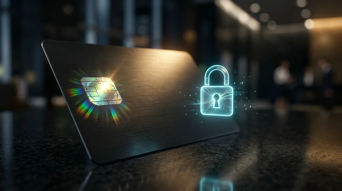 Bankkaart chip en hangslot die veilige betalingen vertegenwoordigen