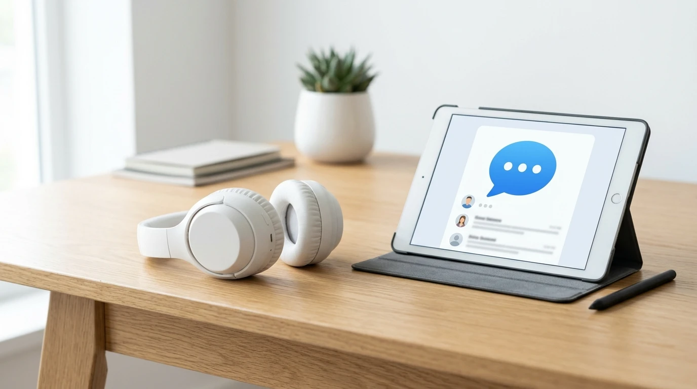 Koptelefoon en tablet die een chatinterface tonen